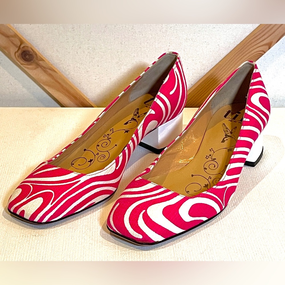 Tibi Hot Pink & White Swirl Canvas Square Toe Patent Leather Block Heel Sz 6.5